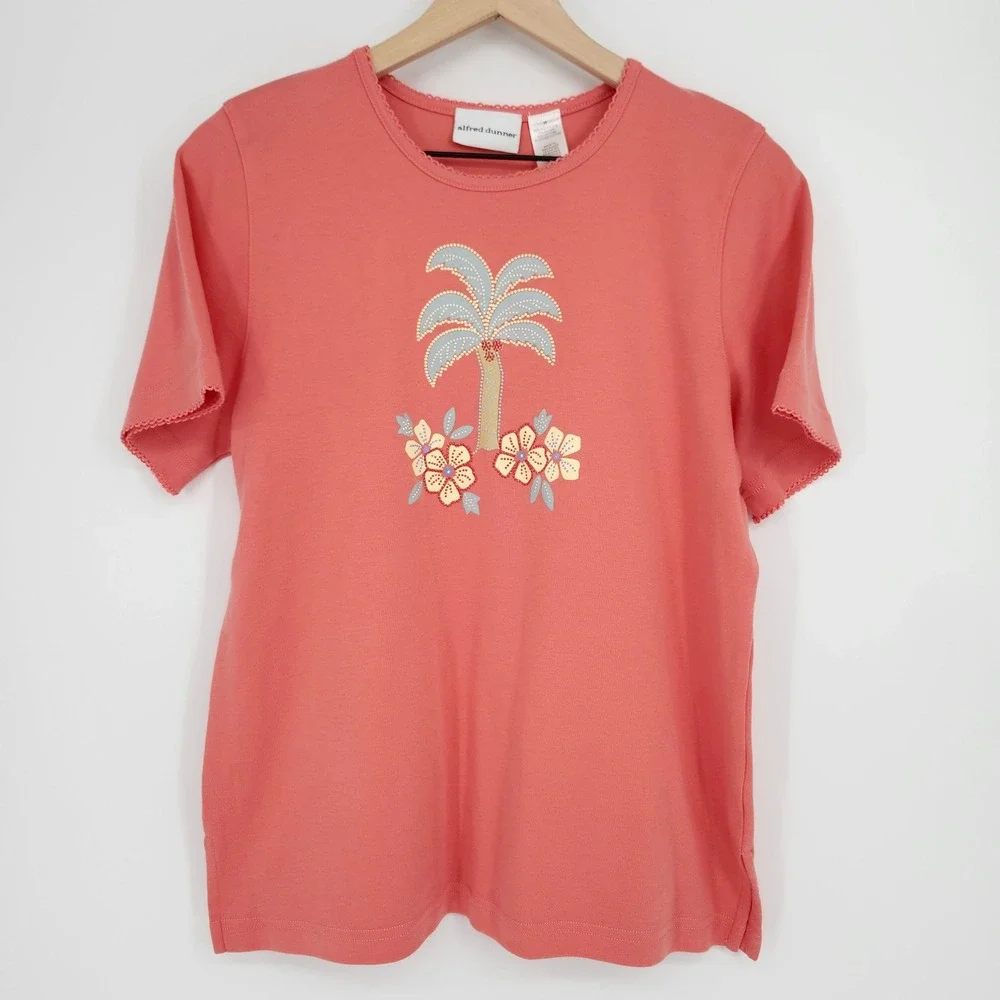 Alfred Dunner Womens Coral Pink Palm Tree Tropical Top Size M Coastal Grandma